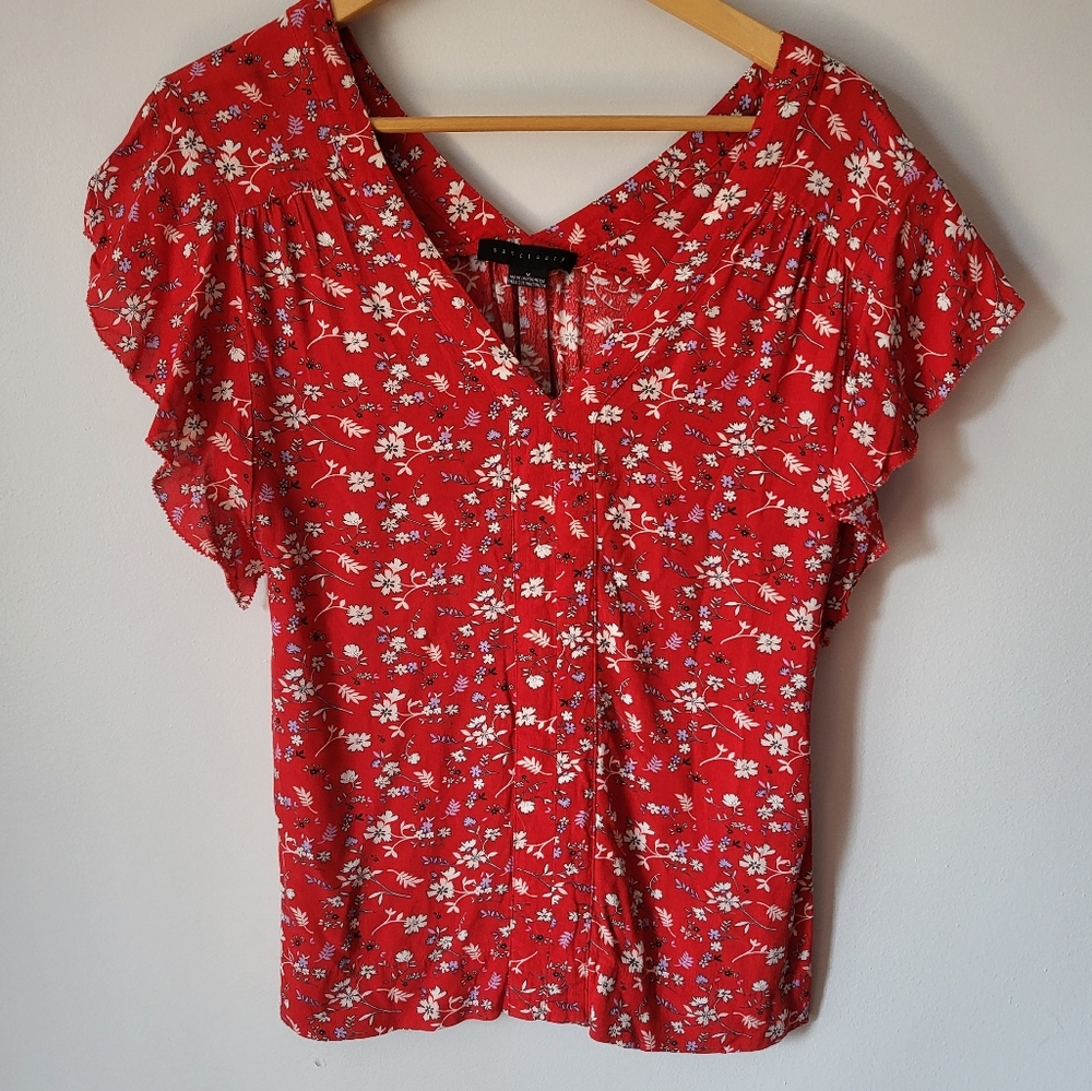 SANCTUARY Floral Short Sleeves Red Rayon Blouse